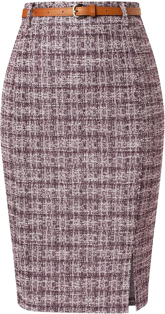 Kate Kasin Women Tweed Pencil Skirt, Knee Length Skirts with Slit | Dressy Formal Skirt with Belt... | Amazon (US)