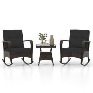 3-Piece PE Wicker Outdoor Patio Rocking Chair Set with Cushions and Tempered Glass Coffee Table in Black | The Home Depot