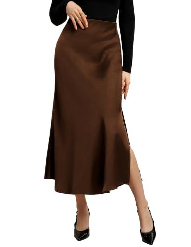 Kate Kasin Women Brown Satin Midi Skirts, High Waisted Silk Fishtail Skirt | Amazon (US)