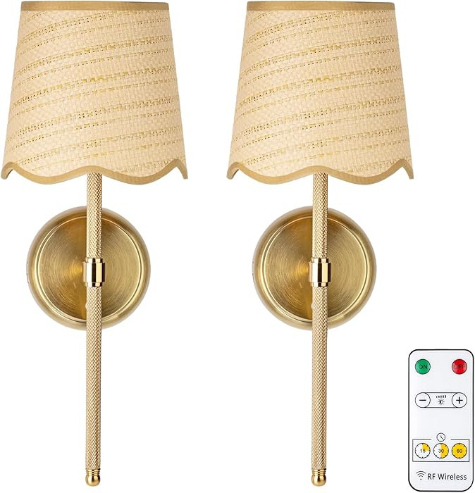 Battery Operated Boho Vintage Wall Sconce Set of 2, Stepless Dimming Rattan Magnetic Wall Lamp, 5... | Amazon (US)