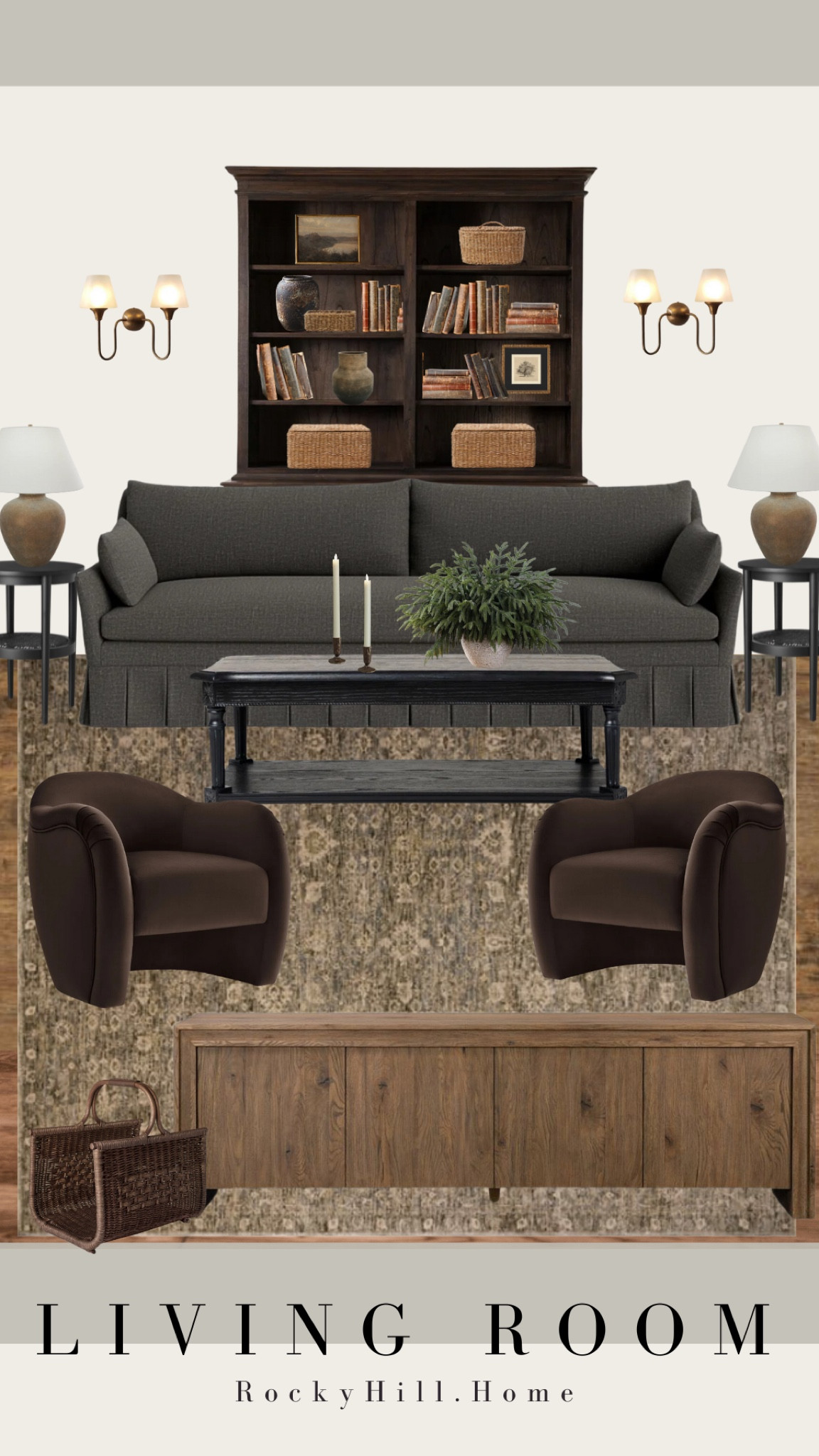 Moody Living Room Mood Board, studio mcgee style mixed with amber interior vibes, sofa with a pleated skirt, affordable living room chairs, cabinet with shelves, shelf accessories, baskets, old books, medium oak media cabinet, tv stand, amazon finds, walmart home, wayfair


#LTKSaleAlert #LTKHome #LTKStyleTip