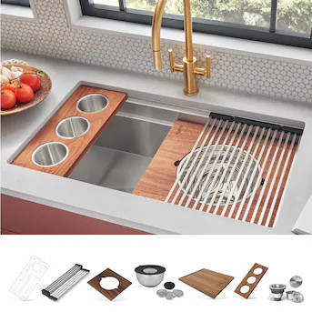 Ruvati Dual-Tier Undermount 39-in x 19-in Stainless steel Single bowl 16 -Gauge Workstation Kitch... | Lowe's