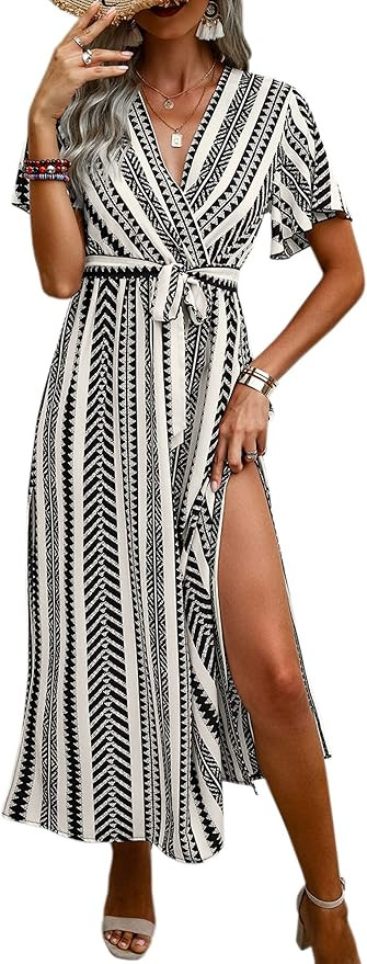 CCTOO Women's Summer Maxi Dress Casual Boho Floral Wrap V Neck Short Sleeve Ruffle Split Flowy Lo... | Amazon (US)