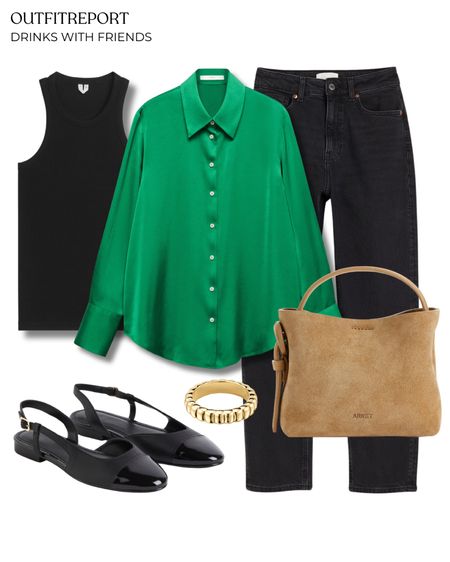 Black denim jeans green shirt blouse sling back ballet flats black tank top tote handbag 

#LTKstyletip #LTKitbag #LTKshoecrush