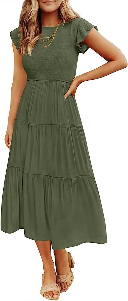 ZESICA Women's Summer Casual Olive Green Drees Khaki Dress Long Green Maxi Dress Green Summer Dress | Amazon (US)