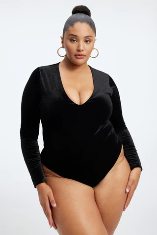 Velvet V-neck Bodysuit Black001 Bodysuit, Size 5XL | Good American