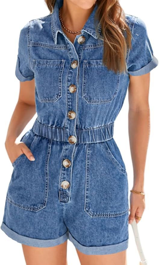 Cicy Bell Women's Short Sleeve Denim Rompers Cotton Utility Button Up Elastic Waist Short Jumpsui... | Amazon (US)