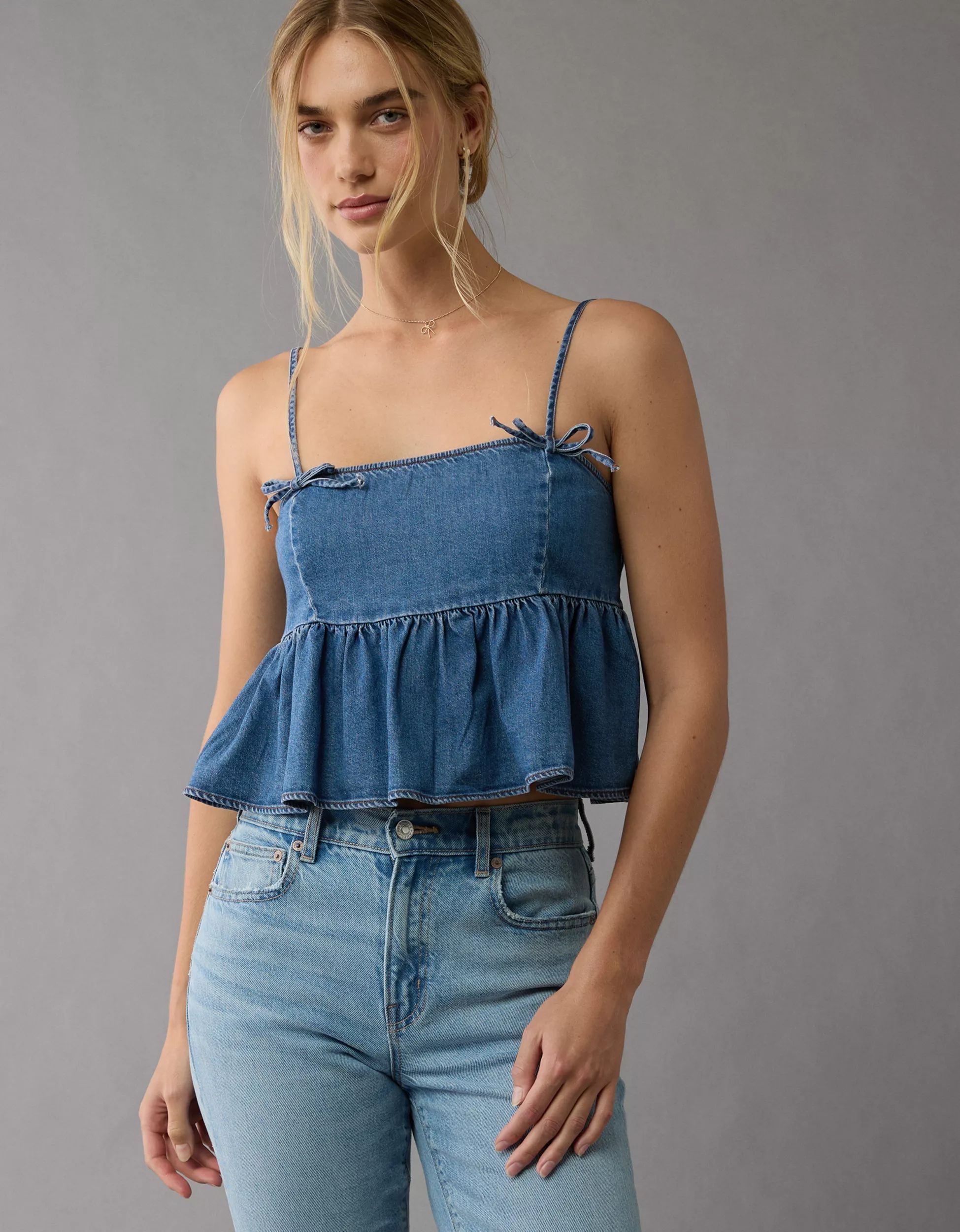 AE Denim Babydoll Bow Cami Tank Top | American Eagle Outfitters (US & CA)