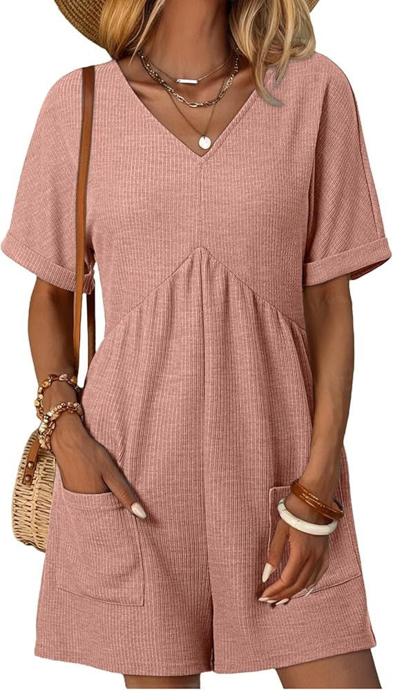 AlvaQ Rompers for Women Solid Color Casual Short Sleeve V Neck Zipper Short Jumpsuits with Pocket... | Amazon (US)