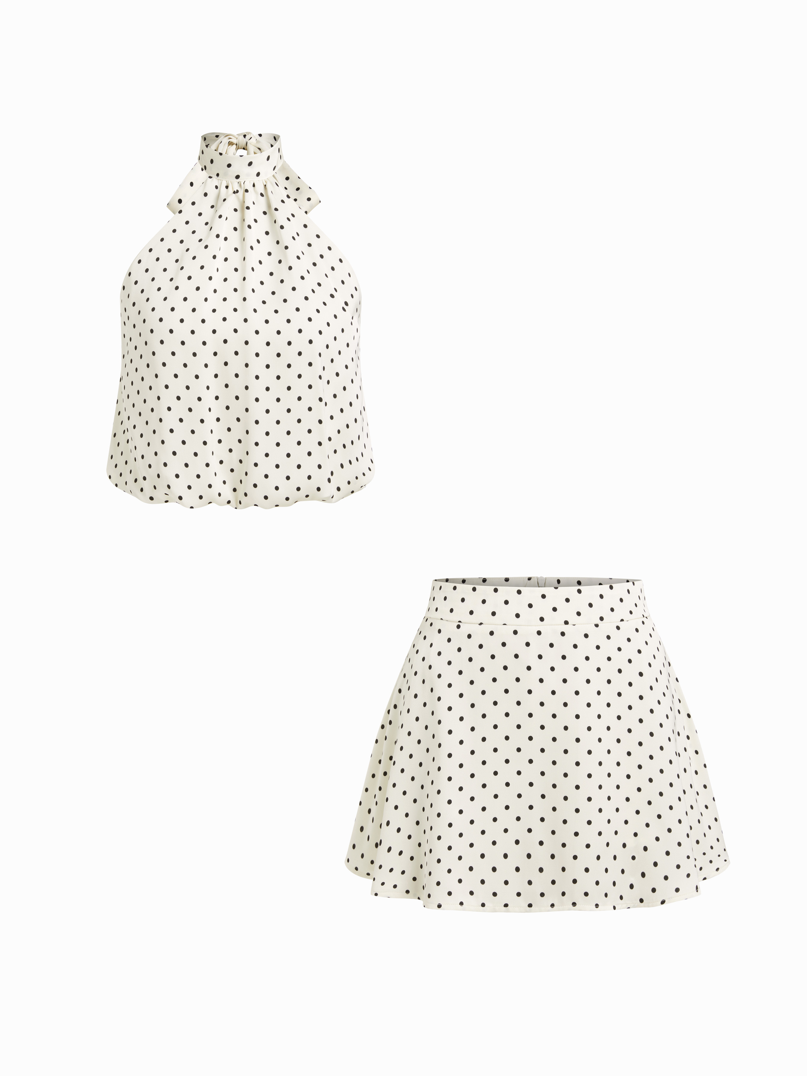 Satin Satin Halter Neckline Polka Dot Top & Mid Rise Zipper Mini Skirt Set For Daily Casual Date | Cider