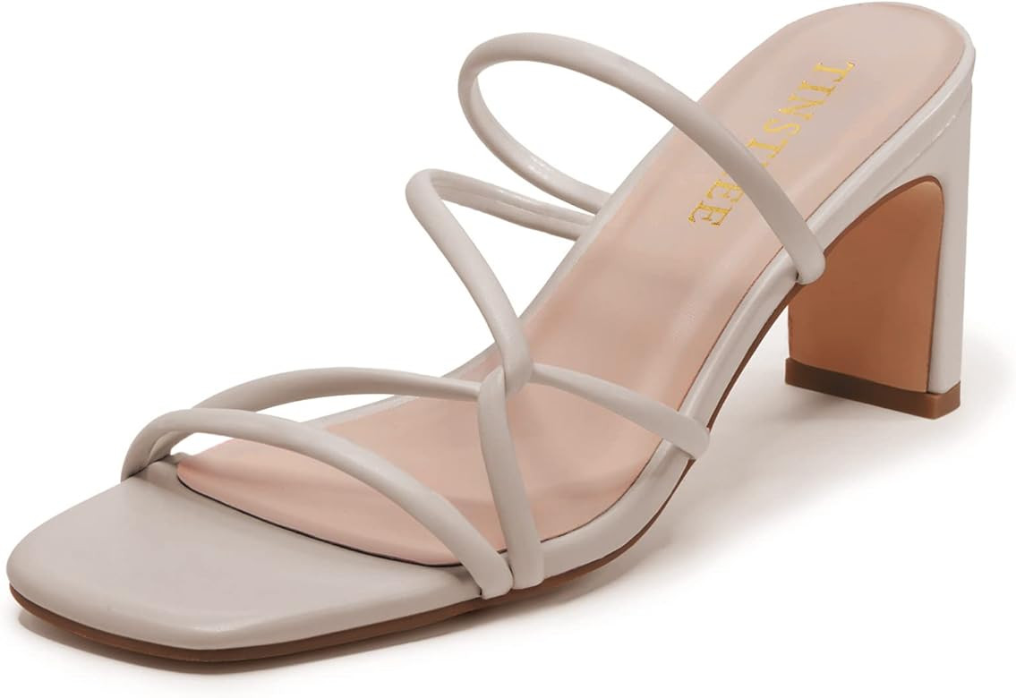 TINSTREE Strappy Heels Sandals for Women Square Toe Open Toe Heels Women's Slip On Chunky Heeled ... | Amazon (US)