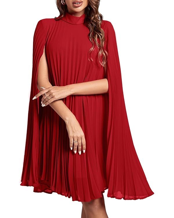 Rooscier Women's Mock Neck Cloak Sleeve Pleated Keyhole Back Flowy Party Midi Dress | Amazon (US)