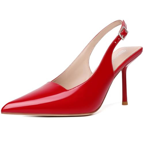 RIBONGZ Red Elegant Dressy Heels for Women Closed Toe Pointy High Heels Sexy Slingback Pumps Wedding Bride Kitten Heels Prom Party Evening Shoes 11 | Amazon (US)