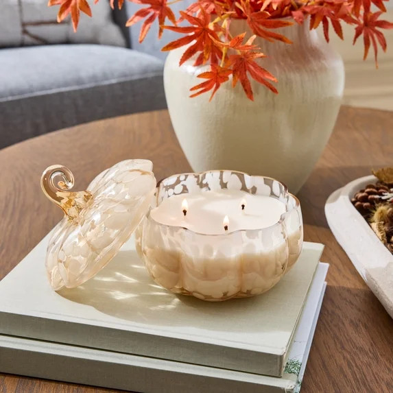 Better Homes & Gardens 2-Wick 18 oz White Tortoiseshell Glass Pumpkin Jar Candle, Pumpkin Snicker... | Walmart (US)