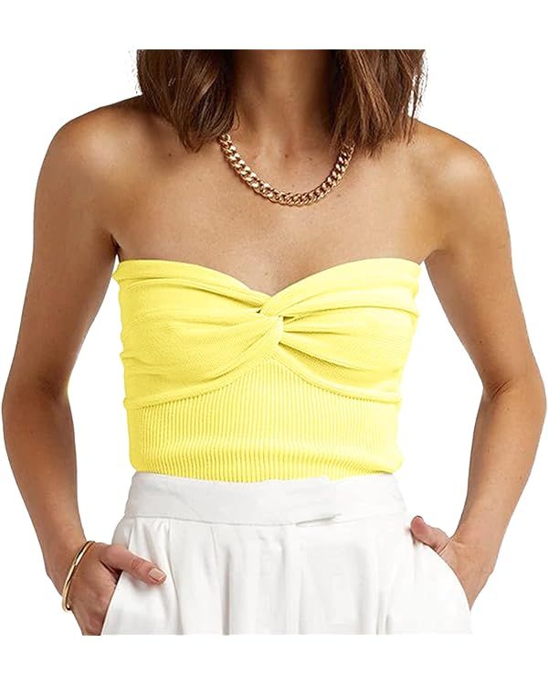 Womens Strapless Crop Top Sexy Sweetheart Neck Ribbed Knit Twisted Knot Front Sleeveless Y2K Cami... | Amazon (US)