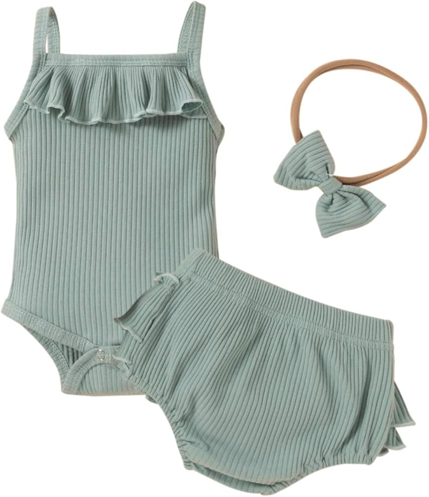 Newborn Baby Girls Clothes Summer Halter Rompers Top+ Ruffled Shorts Infant Outfits 0-18 Months | Amazon (US)