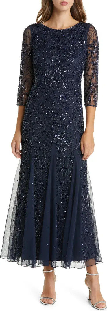Pisarro Nights Illusion Sleeve Beaded A-Line Gown | Nordstrom | Nordstrom