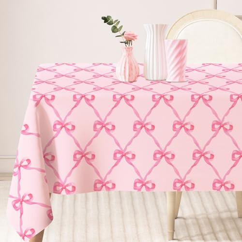 Pink Bow Tablecloth Pink Ribbon Bow Fabric Table Cloth Washable Table Cover for Coquette Birthday Baby Shower Home Kitchen Decor, 60 x 104 Inch | Amazon (US)