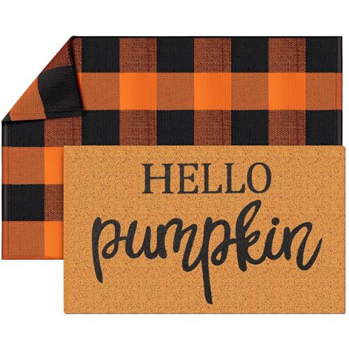 Duraaamo 2 Pcs Fall Door Mat Welcome Doormat Imitation Coir Mats Front Porch Entryway Mats for Fall Autumn Thanksgiving Halloween Indoor Outdoors Decor(Plaid, Hello Pumpkin,Orange, Black) | Amazon (US)