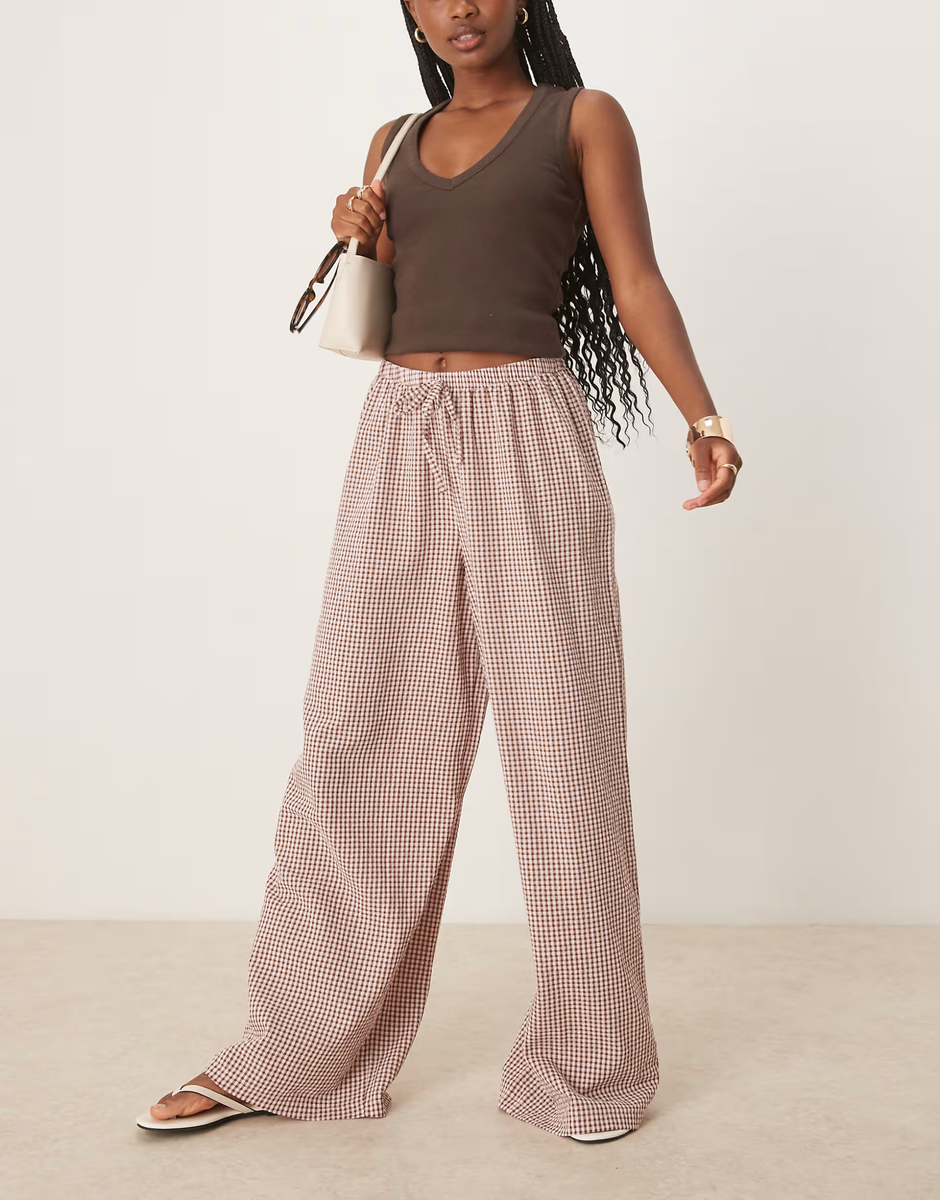 ASOS DESIGN wide leg pull on trouser in pink gingham | ASOS (Global)