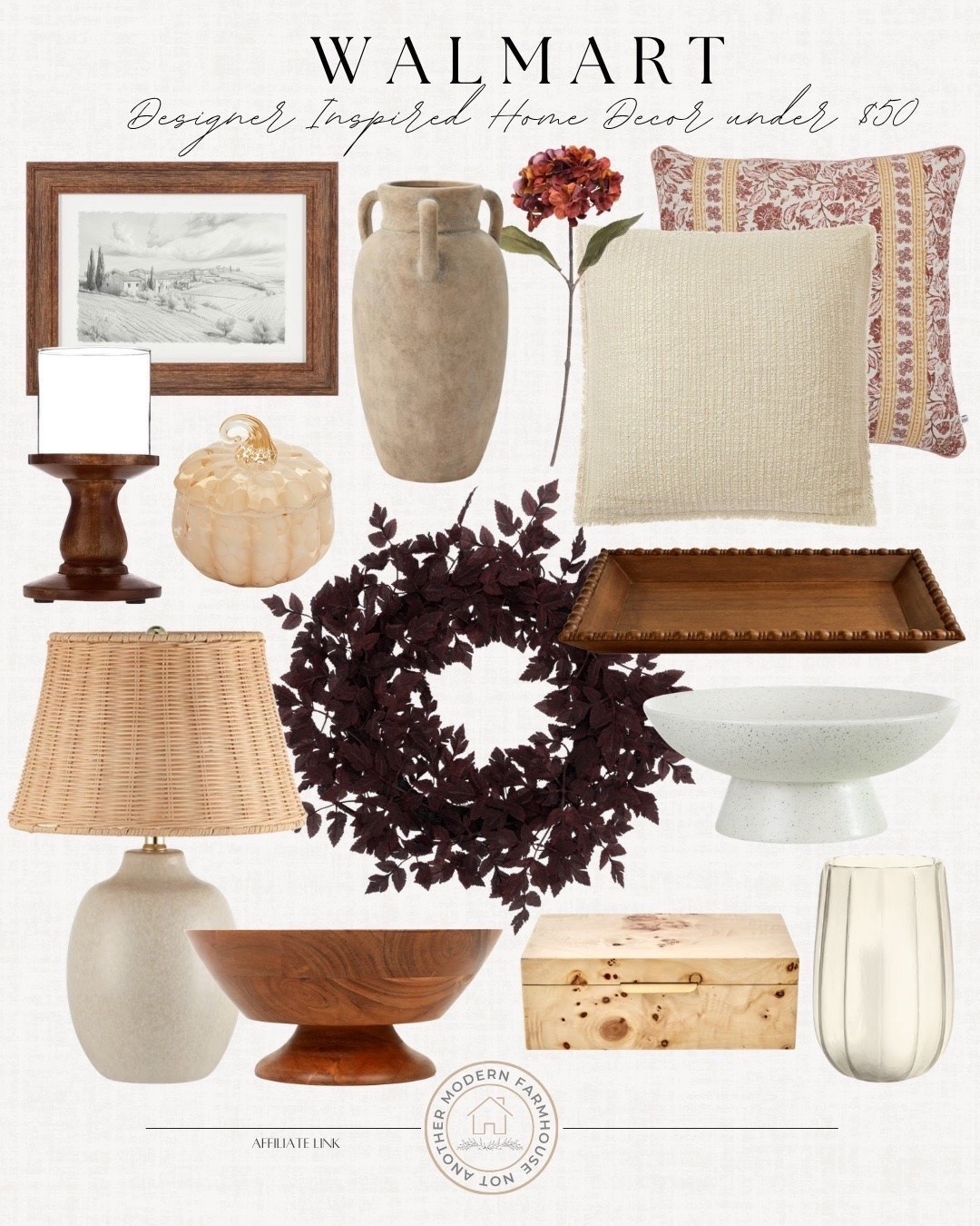 Home decor under $50 includes throw pillows, decorative tray, decorative bowl, glass candle hurricane, decorative box, table lamp, wreath, candle bumpkin, wall art, vase, floral stem.

Home decor, fall home decor, neutral decor, looks for less

#LTKSaleAlert #LTKHome #LTKSeasonal