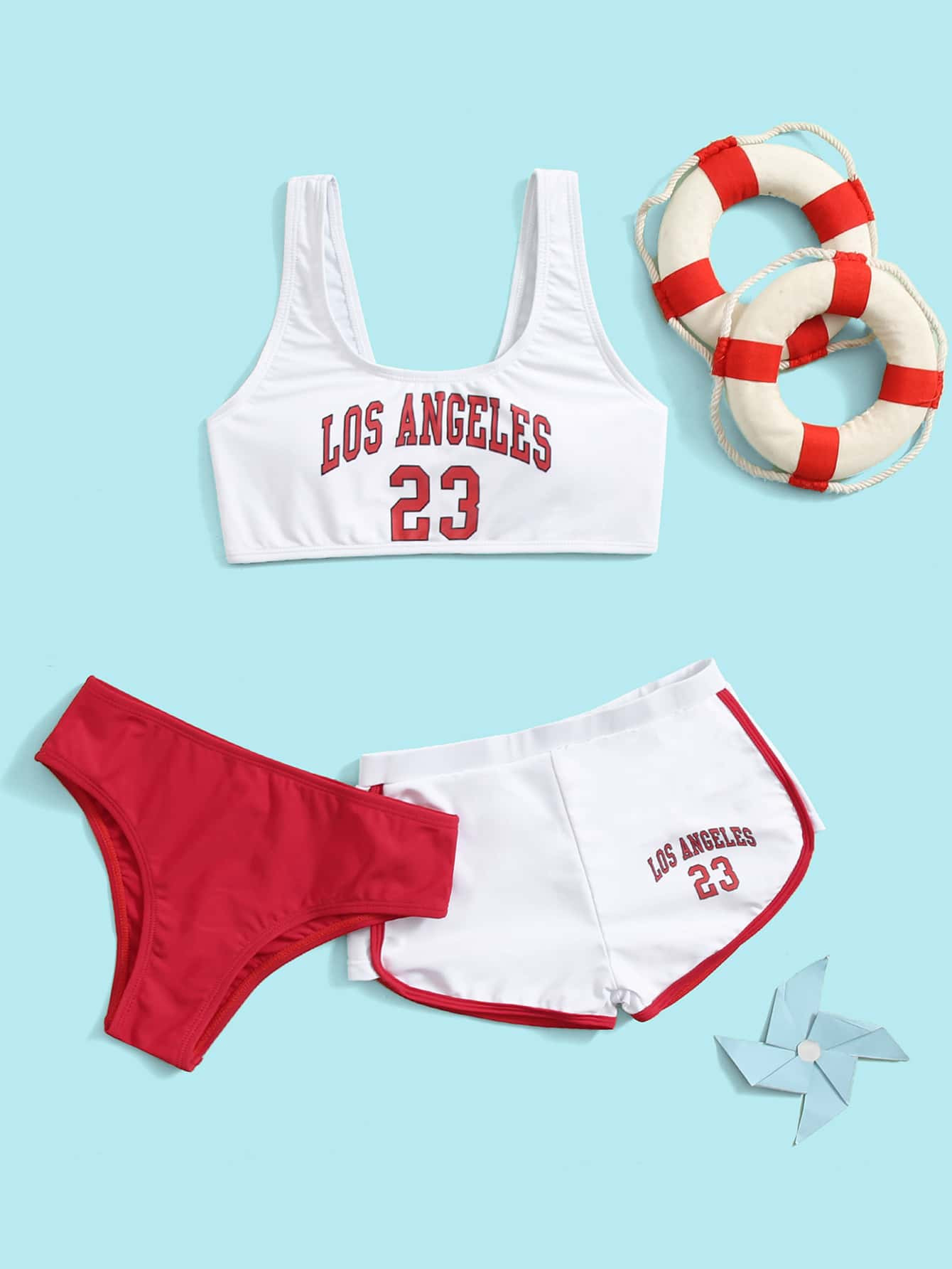 Tween Girl 3pack Letter Graphic Bikini Swimsuit & Swim Shorts | SHEIN