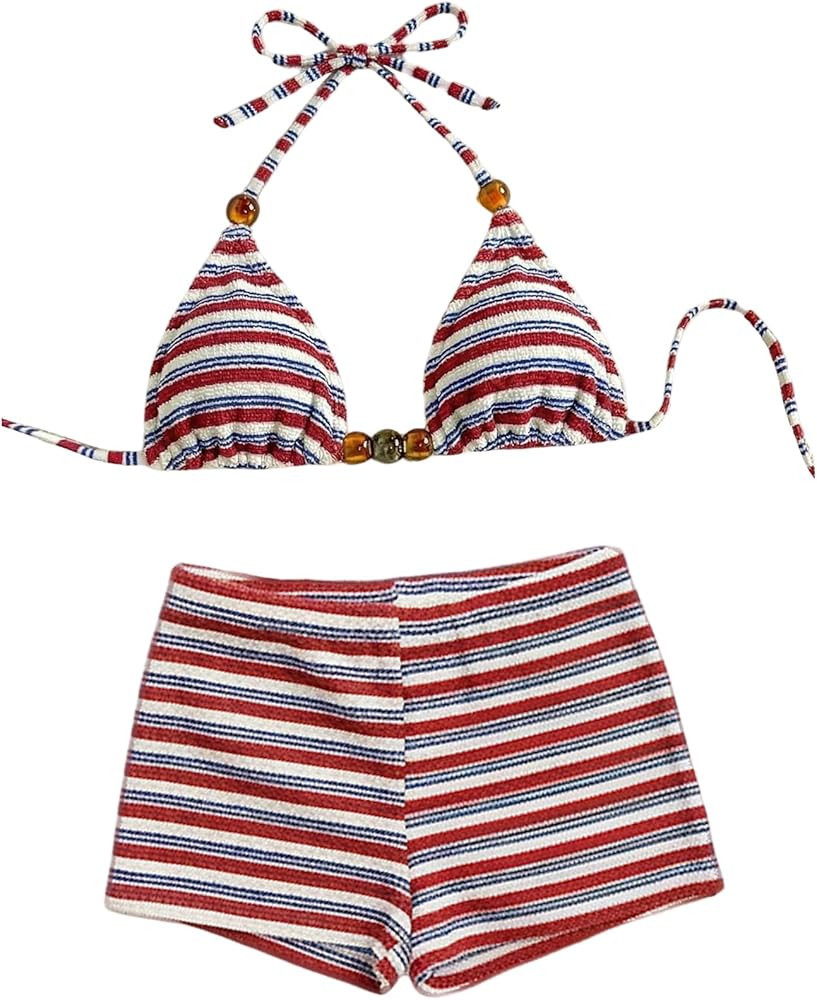 WDIRARA Women's Striped Halter Bikini Set Beaded Triangle Swimsuit 2 Piece Bathing Suit | Amazon (US)