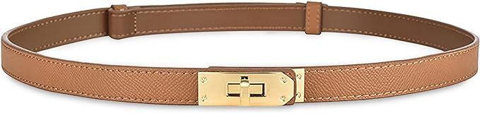 Women's Skinny Leather Belt with Adjustable Silver Turn-Lock Buckle - Ideal for Dresses, Jeans, a... | Amazon (US)