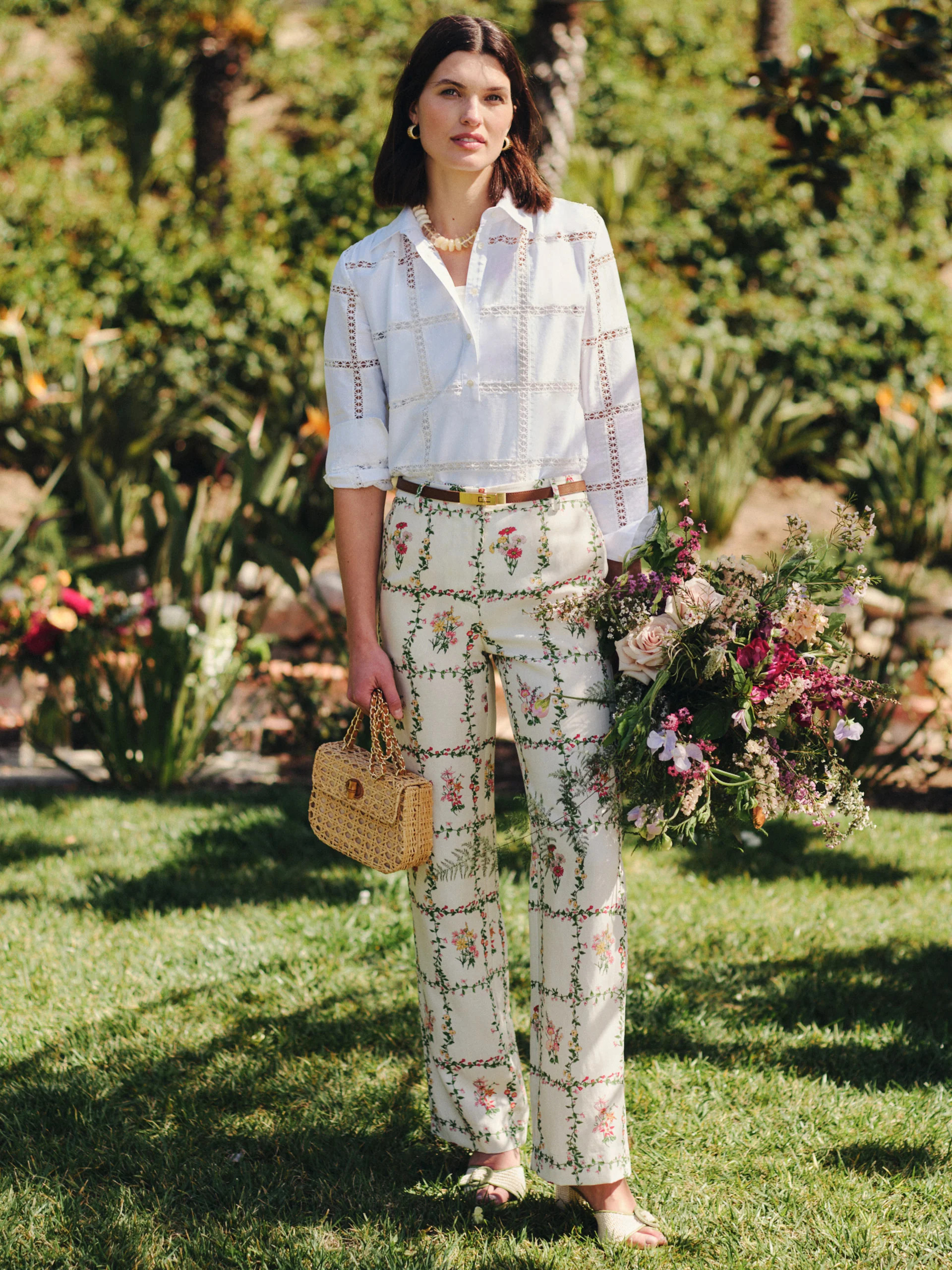 Off_White/Multi Floral Medley Frame Helen Linen Blend Pants | Women's Pants | J.McLaughlin | J.McLaughlin