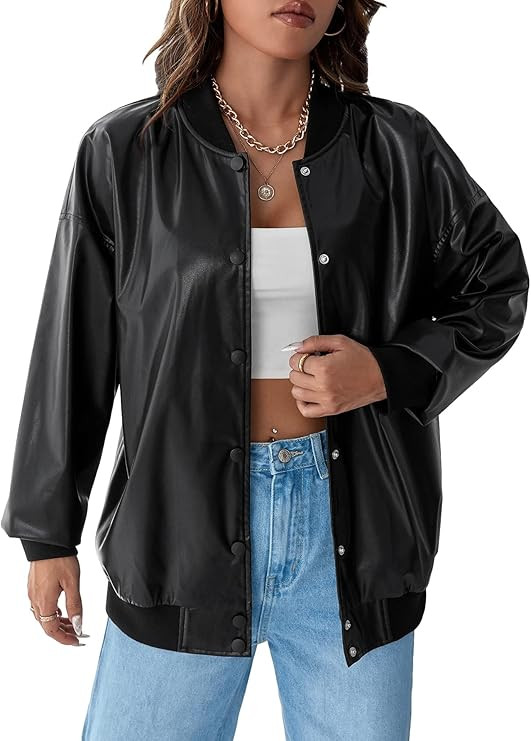 MakeMeChic Women's Casual Faux PU Leather Long Sleeve Drop Shoulder Button Front Bomber Jacket | Amazon (US)