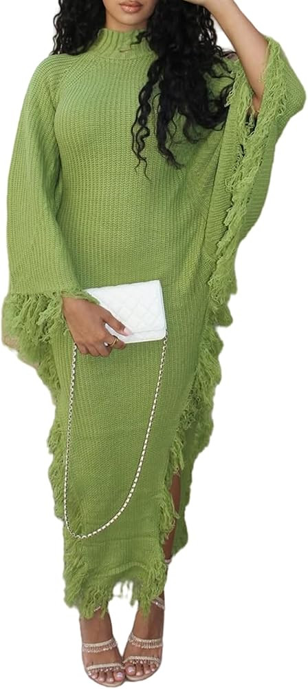NRTHYE Women Fringe Long Sweater Dresses Knit Turtleneck Batwing Sleeve Sexy Side Slit Tassel Max... | Amazon (US)