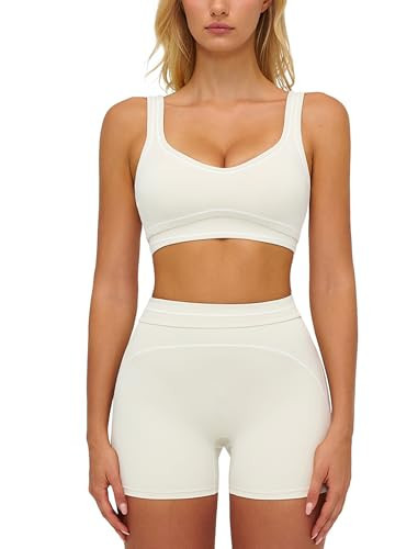ABOCIW Workout Sets for Women Contrast Trim Sports Bra Matching High Waist Shorts 2 Piece Gym Sets Woman Yoga Pilates Outfits Active Wear Athletic Work Out Clothes Ivory Small | Amazon (US)