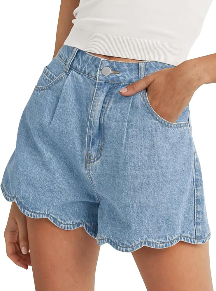 Tankaneo Womens High Waist Jean Shorts Summer Casual Scalloped Hem Cute Trendy Loose Fit Denim Sh... | Amazon (US)