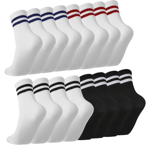 Jspupifip 8 Pair Striped Athletic Crew Socks, Moisture-Wicking Running Socks for Men & Women, Breathable Casual Gym Socks, blue/red/black/white stripes | Amazon (US)