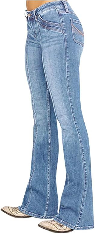 Wide Leg Jeans for Women Mid Rise Stretchy Distressed Washed Denim Jeans Bootcut 70s Hippie Cowbo... | Amazon (US)