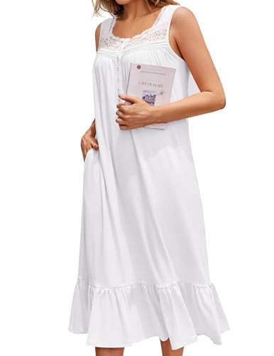 Ekouaer Women's Nightgowns Victorian Long Sleeveless Night Gown with Pockets Lace Trim Button Up Nightdress Vintage Old Fashioned Gown White | Amazon (US)