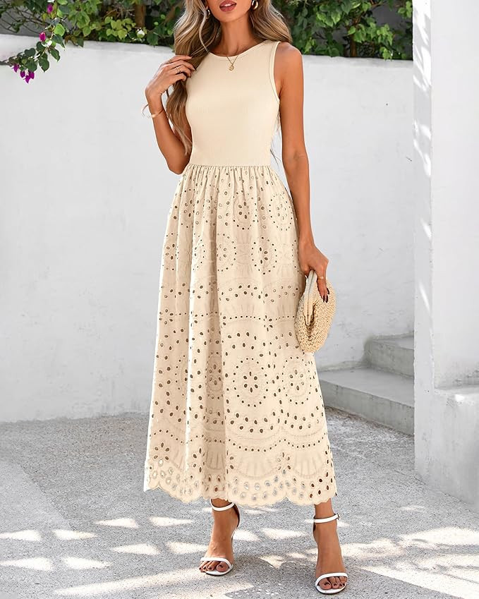 dowerme Women Summer Dresses 2026 Casual Sleeveless Crewneck A-Line Boho Lace Eyelet Cotton Tank ... | Amazon (US)