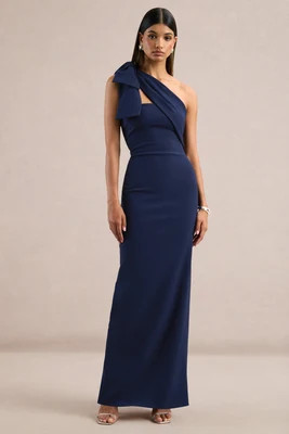 Adara | Navy One Shoulder Maxi Dress With Back Split and Bow Detail | Club L London