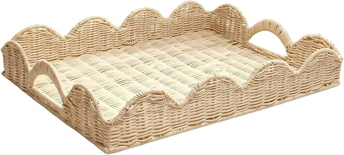 Scalloped Edge Rattan Tray Basket,17"*13" Super Hard Rectangle Hand Woven Wicker Serving Trays wi... | Amazon (US)