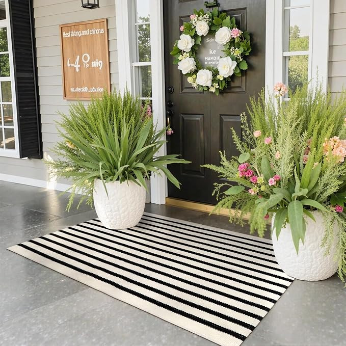 Collive Black and White Outdoor Rug Door Mat 24"x 51", Cotton Woven Striped Front Doormat, Washab... | Amazon (US)