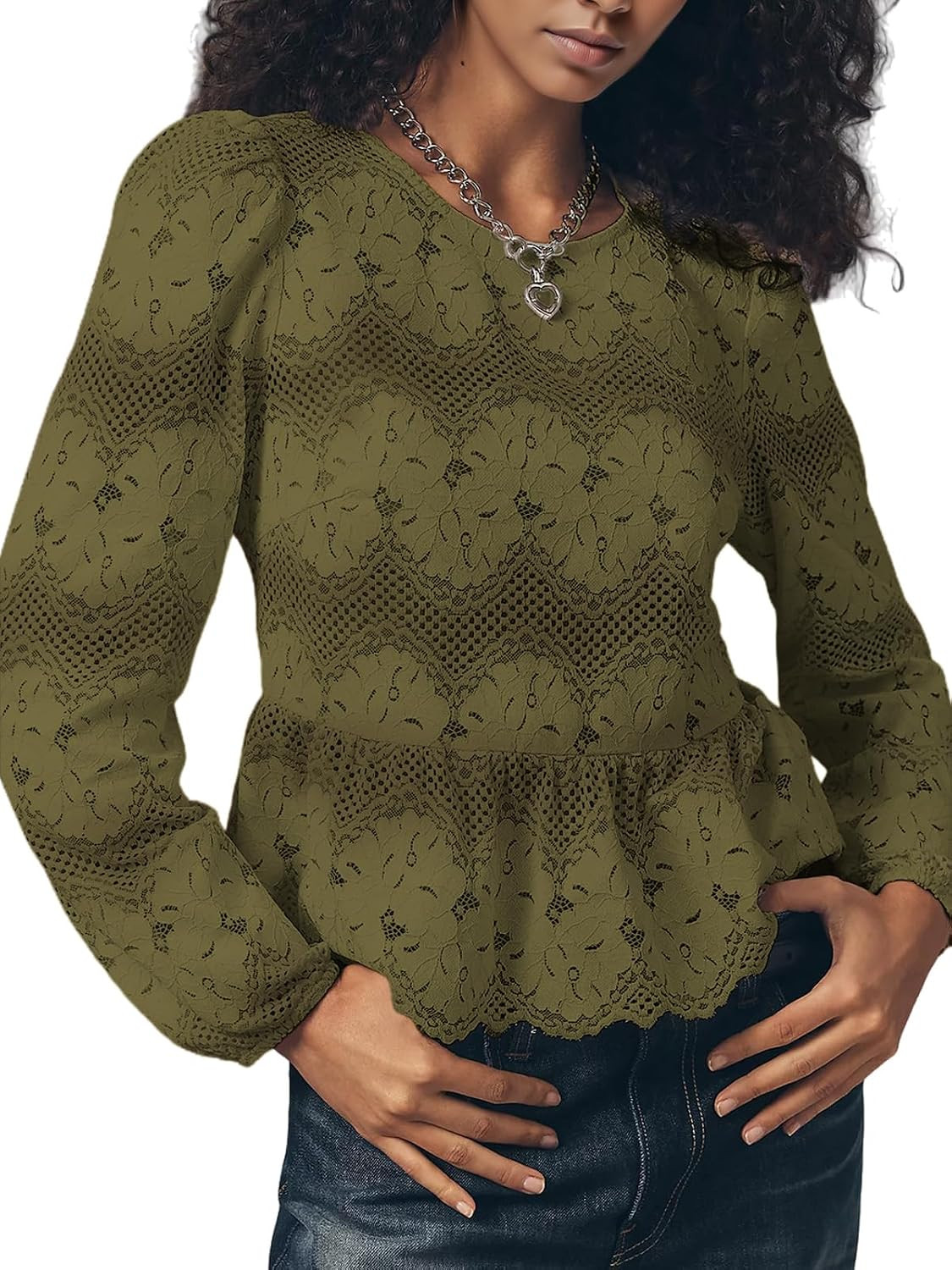 Womens Lace Peplum Blouse Long Sleeve Floral Hollow Out Croche Casual Dressy Shirt Tops | Amazon (US)