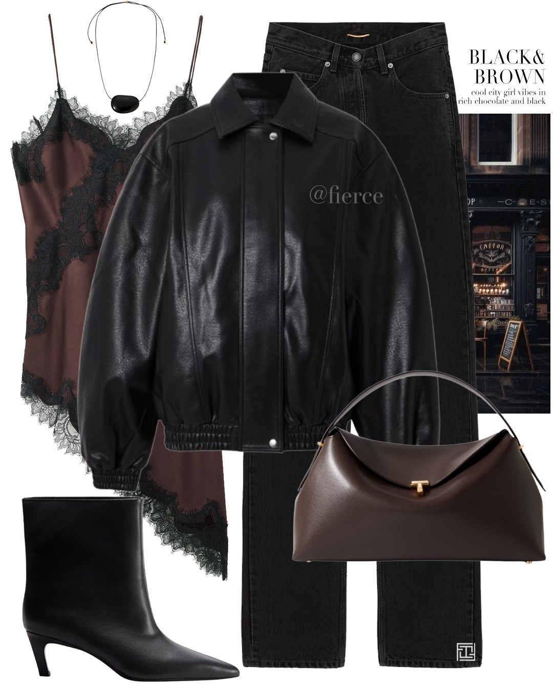 Black leather jacket brown lace trim top Toteme brown t lock bag leather trousers black heeled ankle boots chic outfit date night 

#LTKwinter #LTKeurope #LTKuk