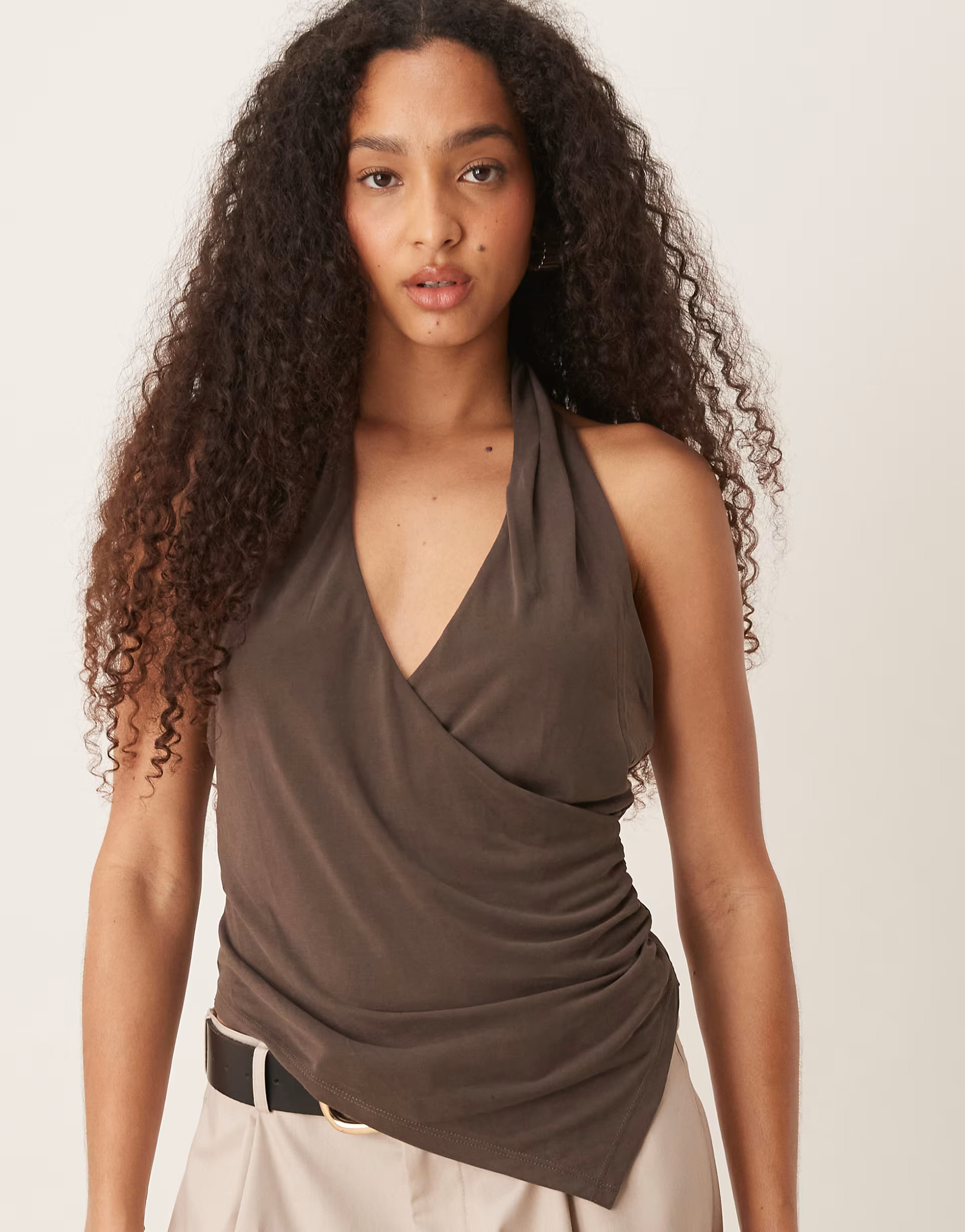 Mango asymmetric halter neck top with ruched cinch waist detail in mocha brown | ASOS | ASOS (Global)
