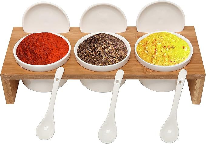 (3 Pcs) 3.5-Inch Ceramic Condiment Dip Sauce Ramekins Set w/Lids & Spoons on Bamboo Sampler Servi... | Amazon (US)