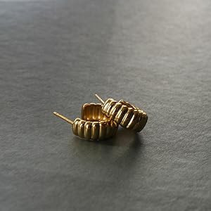 Dome Ribbed Earrings | 14K Gold Sterling Silver Ribbed C-Hoop Earrings | Women's Gold Bold Croiss... | Amazon (US)