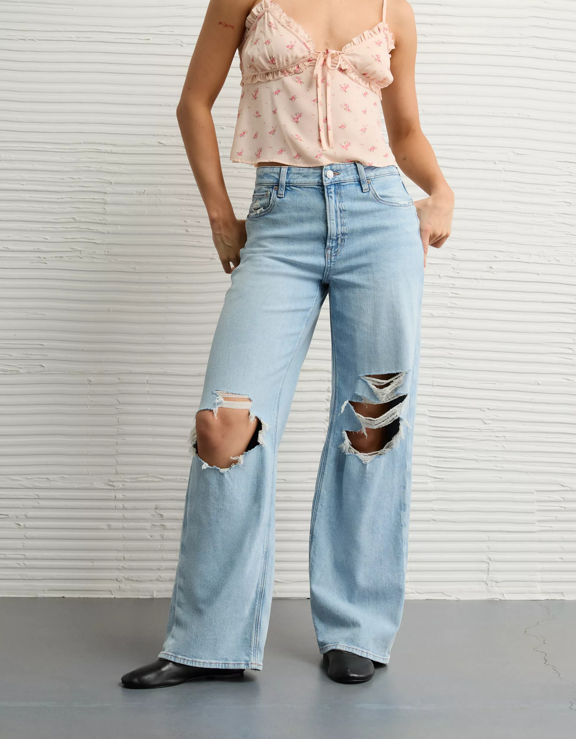 AE Dreamy Drapey Stretch Ripped Super High-Waisted Baggy Wide-Leg Jean | American Eagle Outfitters (US & CA)