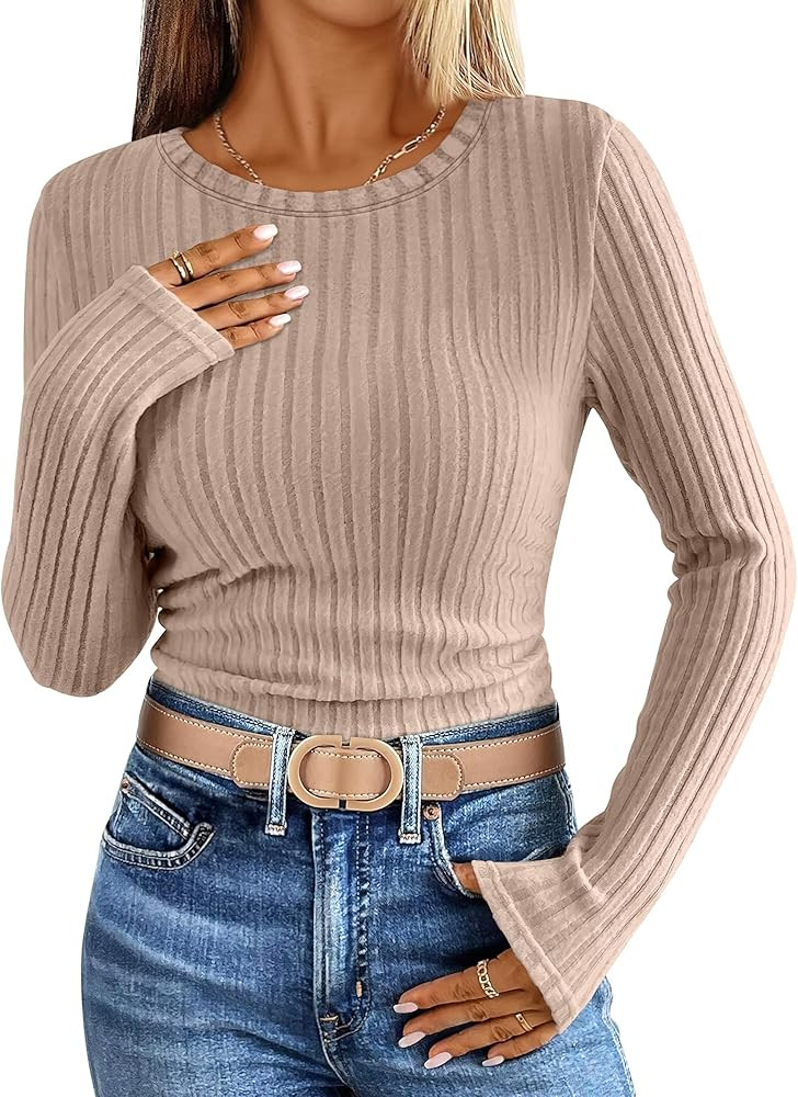 ANRABESS Long Sleeve Shirts for Women Ribbed Knit Tshirt Slim Fit Crewneck Basic Tee Top 2025 Fal... | Amazon (US)