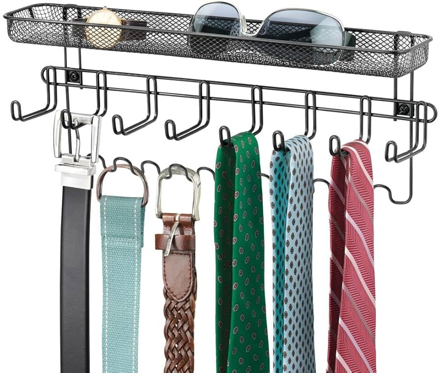 mDesign Steel Wall Mount Organizer Hanger Rack Holder with 8 Hooks and Storage Basket for Bedroom... | Amazon (US)