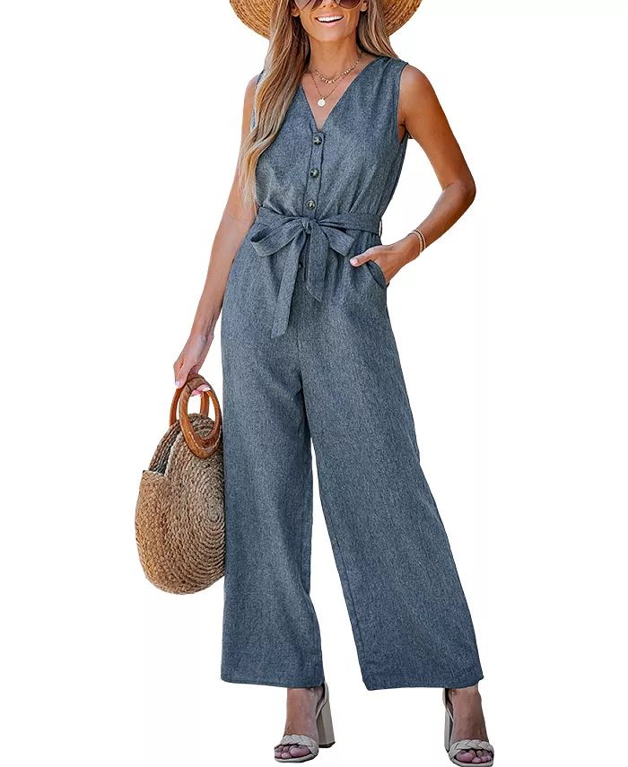 Women's Belted V-Neck Buttoned Jumpsuit | Macy's