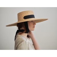 Jessica Wide Straw Boater Ribbon Tie Hat | Etsy (US)